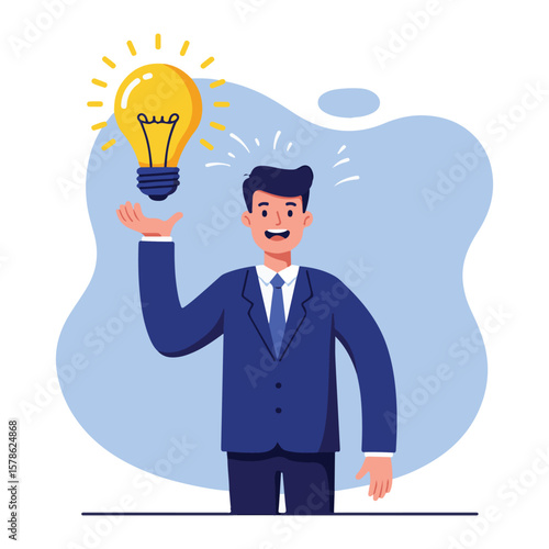 Happy cartoon man holding idea bulb