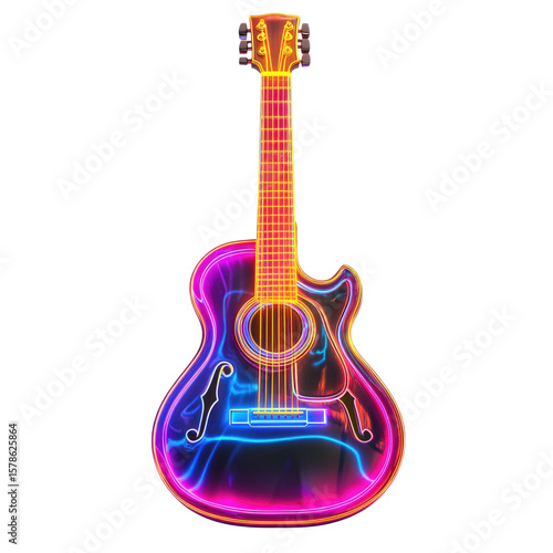Colorful neon acoustic guitar with glowing outlines isolated on transparent background, cutout png