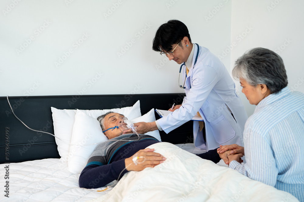 Fototapeta premium scene of doctor checking bedridden patient symptom. illness senior suffer from infectious disease. home caregiver nurse visit retire couple for health check up recovery process medical service