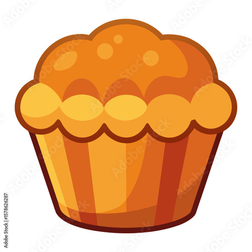 An orange muffin with a domed top and decorative scalloped paper liner, appearing freshly baked with a golden-brown color