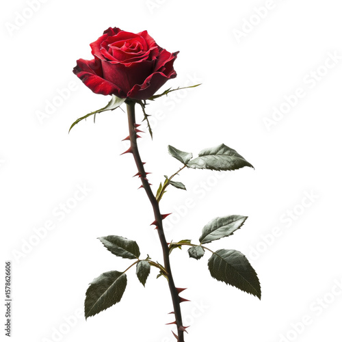 Fototapeta Naklejka Na Ścianę i Meble -  Beautiful red rose with thorns and green leaves isolated on transparent background, cutout png