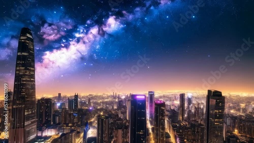 Wallpaper Mural Urban skyline at night with illuminated skyscrapers and a captivating view of the Milky Way galaxy and starry sky above Torontodigital.ca