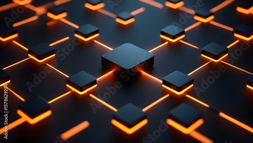 Modern blockchain network technology concept with glowing connections and black cubes