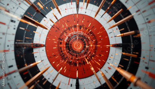 Target adorned with bullets achieves accurate marksmanship featuring a vibrant red bullseye and emphasizing precision and focus in this achievement.
