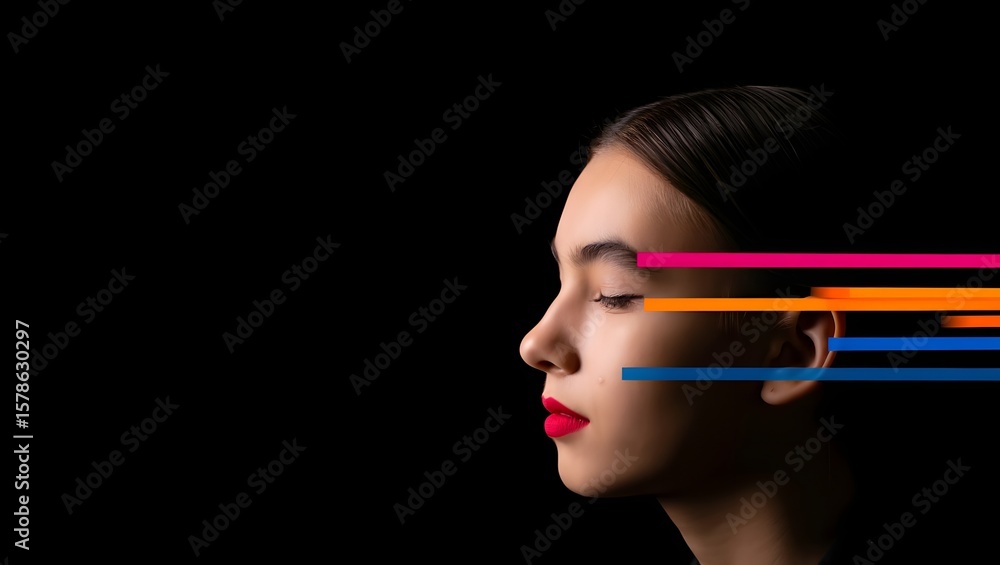 Obraz premium Portrait of woman with colorful graphic lines beauty concept fashion model on black background