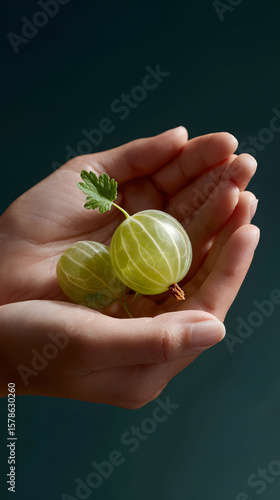 Woman's hands holding two fresh green gooseberries with a leaf.