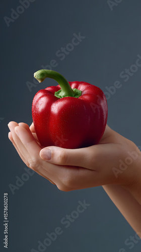 Hands holding a single fresh red bell pepper with water drops.