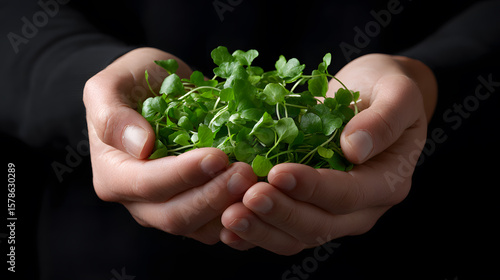 Hands holding a handful of fresh green watercress on a black background.