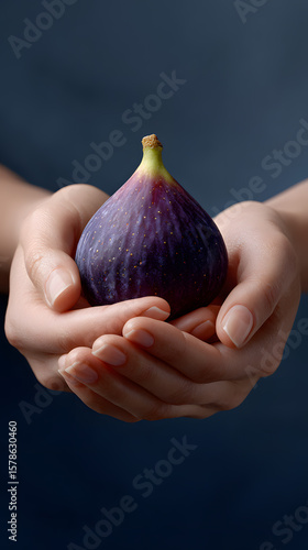 Woman's hands holding a single fresh ripe purple fig.