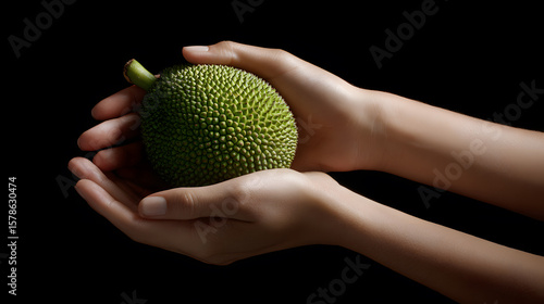 Hands holding a fresh, young green jackfruit on a black background.