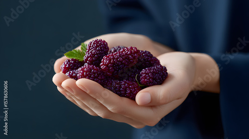 Hands holding a handful of fresh ripe mulberries with a green leaf.