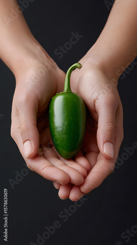 Hands holding a single fresh green jalapeño pepper on a black background.