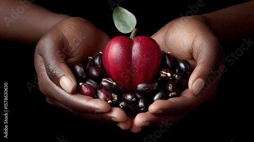 Dark-skinned hands offering a red heart-shaped fruit and dark berries.