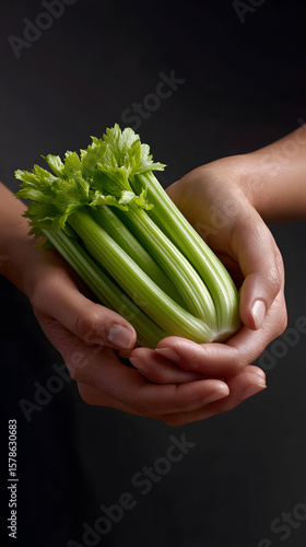 Hands holding a fresh bunch of celery against a black background.