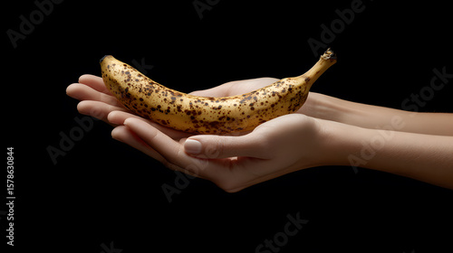 Hands holding a single overripe banana with brown spots on a black background.