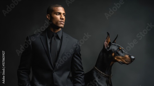 Stylish African American man in black suit standing beside a Doberman against a dark background, symbolizing authority, elegance, and loyalty.