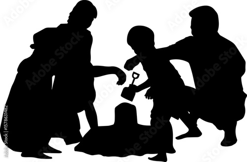 A vector silhouette of a family playing on the beach, featuring parents and children enjoying time together in the sand