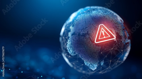 Global Alert: Red Warning Symbol Over Digital Earth Network