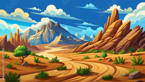 Desert landscape with dusty trail and rocky mountains under clear blue sky