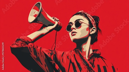 Woman with megaphone against red backdrop, stylized portrait style