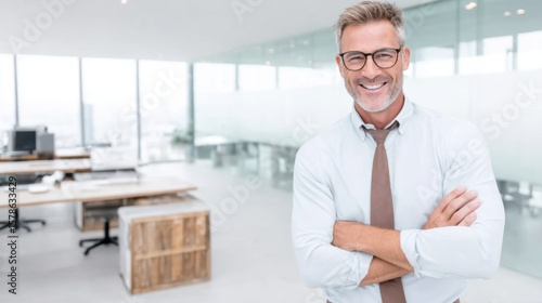 Wallpaper Mural Confident Executive in Modern Office: An executive standing confidently with arms crossed in a sleek and modern office space. Torontodigital.ca