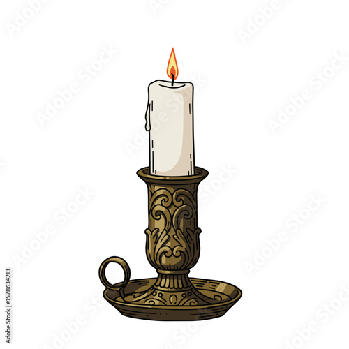 Single candle in ornate holder on a transparent background, Day of the Dead
