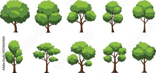 Green cartoon tree collection, vector nature elements, forest tree illustrations, landscape design assets, eco foliage graphics, isolated tree set
Green cartoon tree collection