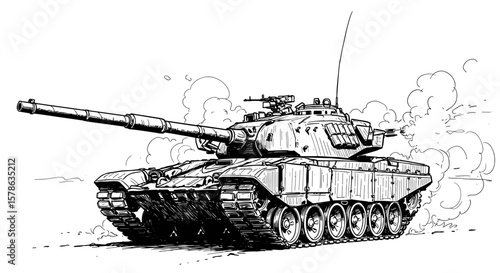 Tank on the battlefield – vintage ink sketch hand-drawn black and white vector illustration