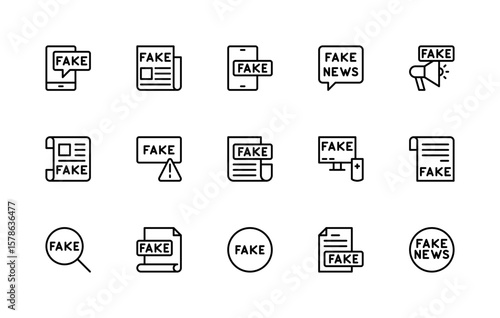 Fake News related vector linear icons set. Isolated icon collection such as incorrect information, fake news, disinformation, false, untrue and more.
