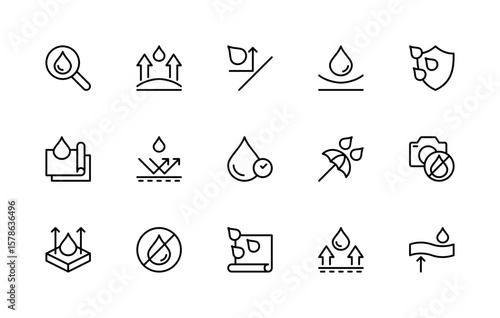 Water resistance related vector linear icons set. Isolated icon collection such as sealed, leak, splashproof, magnify, safety and more.