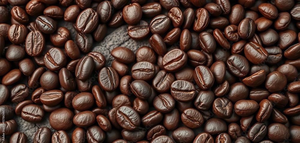 Fototapeta premium Deep brown, oily roasted coffee beans, uneven surface, some cracks, organic, macro