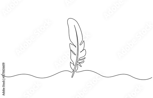 Continuous bird feather one line drawing of feather isolated outline vector, Single line drawing illustration of Bird feather symbol of writer. Bird feather concept vector art.