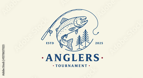 Anglers Tournament Logo: Leaping Trout with Fishing Rod and Pines, Est. 2025