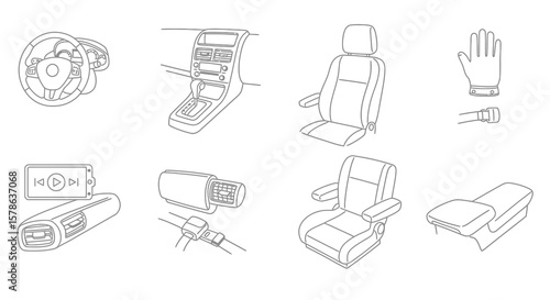 Car Interior Parts Line Art: Steering Wheel, Seats, Console, and Accessories
