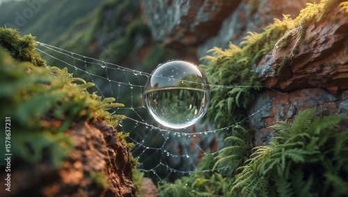Sphere Resting on Spiderweb Among Rocks and Ferns in Nature