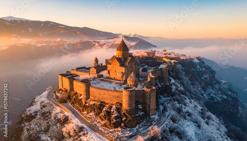 Tatev Monastery in Armenia at Sunrise in Winter.