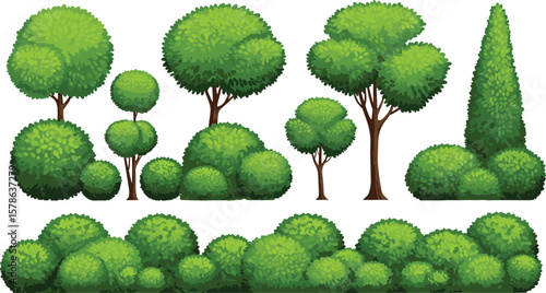 Cartoon tree and bush collection, landscape greenery clipart set, garden topiary illustration, lush foliage design, nature asset bundle
Cartoon tree and bush
