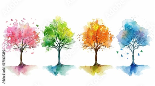 A single minimalist watercolor tree transforming through four seasons with subtle color changes, perfect for nature education in preschools.
