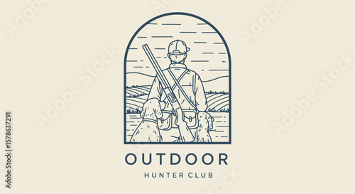 Line Art Hunter with Dogs and Shotgun in Landscape Scene