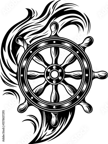 SVG of a bone skeleton tattoo featuring ships and eerie graveyards. Nautical Steering Wheel Graphic with Elegant Wave Motif