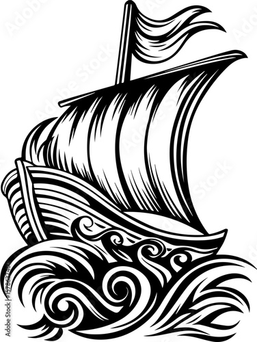 SVG of a bone skeleton tattoo featuring ships and eerie graveyards. Monochrome Illustration of a Decorative Sailing Ship on Waves