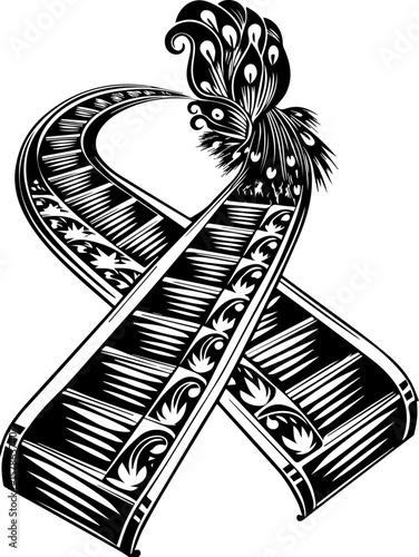 SVG of a bone skeleton tattoo featuring ships and eerie graveyards. Artistic Black and White Film Strip Design with Decorative Elements