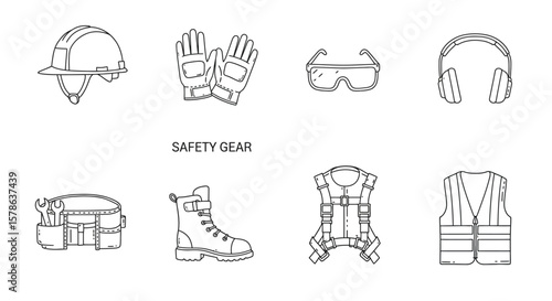 Safety Gear Line Art: Helmet, Gloves, Goggles, Headphones, Belt, Boots, Harness, Vest