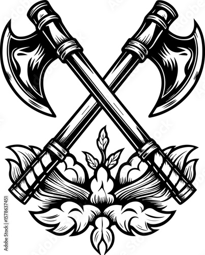 SVG of a bone skeleton tattoo featuring ships and eerie graveyards. Crossed Axes with Floral Design in Black and White Artwork