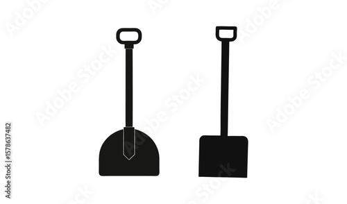 Two black silhouettes of garden shovels on a white background