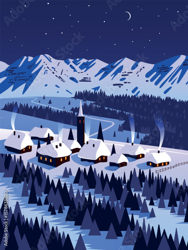 Winter season night landscape with village under the snow in the first plan, mountains and forest in the background. Hand drawn vector illustration. Can be used for christmas gifts, decorations. 