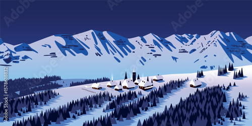 Winter season landscape night panorama with village under the snow, forest and mountains in the background. Handmade drawing vector illustration. Can be used for christmas gifts, decorations. 