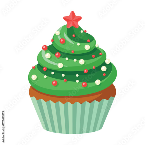 Festive christmas tree cupcake with green frosting and red star topper