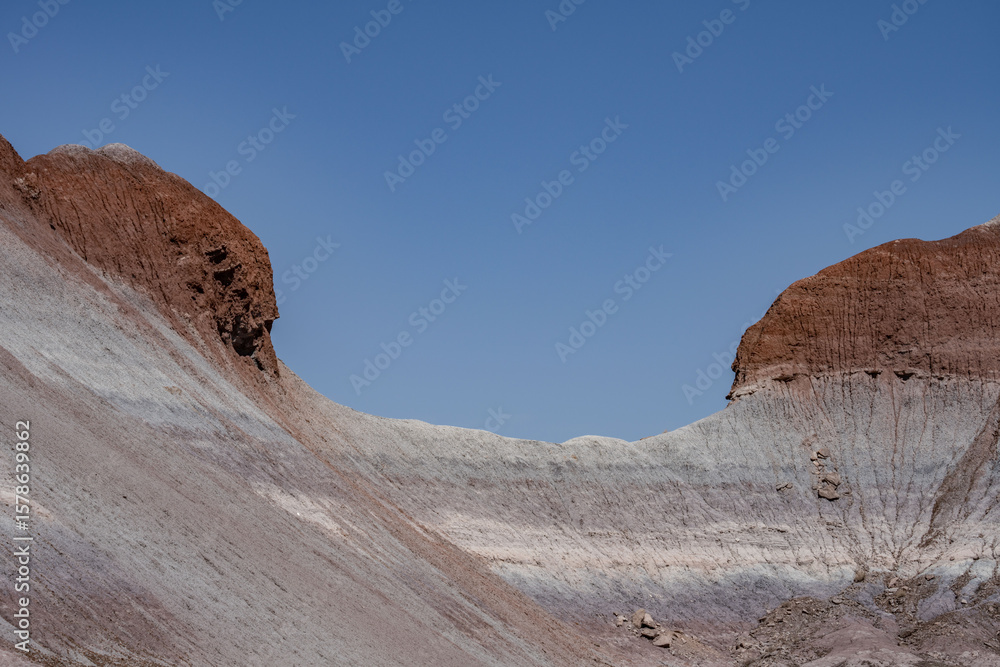 Fototapeta premium The Tepees, Petrified Forest National Park, Arizona. Desert varnish. Chinle Formation, Blue Mesa Member. Mudstone with minor siltstone and sandstone.