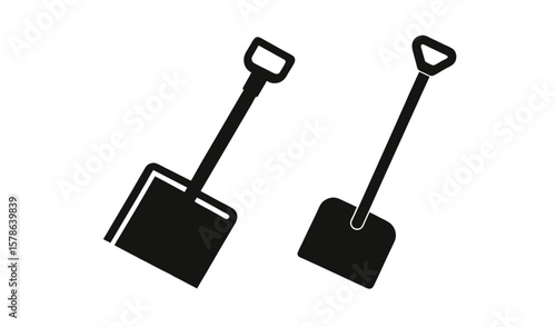 Two black silhouette icons of shovels on a white background